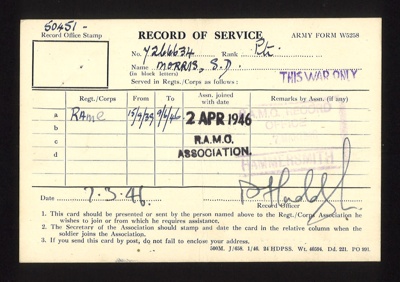 'Record of service' card issued to a 'S.D. Morris' dated 07.03.1946- served 15.09.39- 09.06.1946; 78795 'Record of service' card issued to a 'S.D. Morris' dated 07.03.1946- served 15.09.39- 09.06.1946; 78795