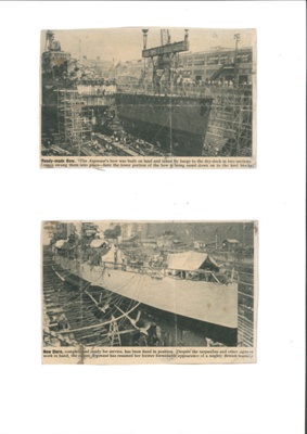 Press cuttings & photographs (5) - repairs to "H.M.S. Argonaut" after torpedo damage - 13/12/1942; 13/12/1942; 34756 Press cuttings & photographs (5) - repairs to "H.M.S. Argonaut" after torpedo damage - 13/12/1942; 13/12/1942; 34756