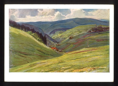 Postcard of a painting by Wilhelm Feldmann sent by fieldpost from Franz Glanz to parents 15/08/1943. in German with English translation. Franz Glanz a POW at Eden Camp.; 71519