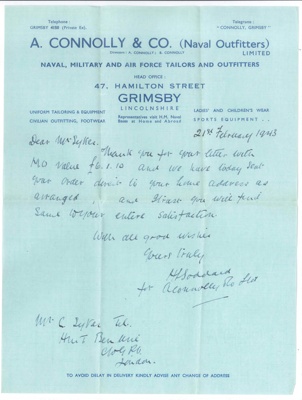 Letter - from "A. Connolly & Co (Naval Outfitters)" to telegraphist C. Sykes "HMT Ben Urie" - 21/02/1943; 21/02/1943; 36588