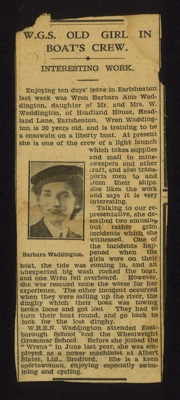 Press cutting - Barbara Ann Waddington W.R.N.S. - training as Coxwain of liberty boat; 13156 Press cutting - Barbara Ann Waddington W.R.N.S. - training as Coxwain of liberty boat; 13156