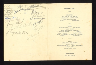 Christmas dinner menu - 11 V.R.D. - R.E.M.E. - R.A.O.C. - A.T.S. - Christmas 1944; 25/12/1944; 9734