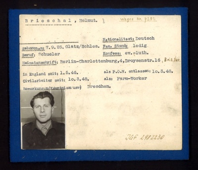 German Eden Camp P.O.W. record card - Helmut Brieschal - German - Dob 07/09/1925; 6575 German Eden Camp P.O.W. record card - Helmut Brieschal - German - Dob 07/09/1925; 6575