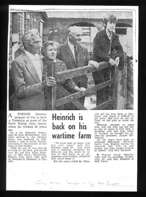 Newspaper cutting copy from 1970's - Heinrich Dehler - ex Eden Camp POW return to Hall Farm Stittenham - Simpson; 25622