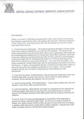 Correspondence from various R.N.P.S. branches regarding unveiling of plaque & model of "H.M.S. Almond"; 36280 Correspondence from various R.N.P.S. branches regarding unveiling of plaque & model of "H.M.S. Almond"; 36280