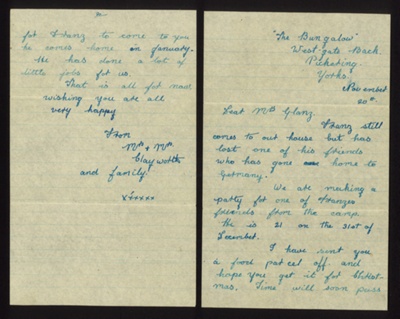 Letter to Anna Glanz from Mrs Clayworth 20/11/1947. family Franz Glanz worked for whilst at Eden Camp; 71535
