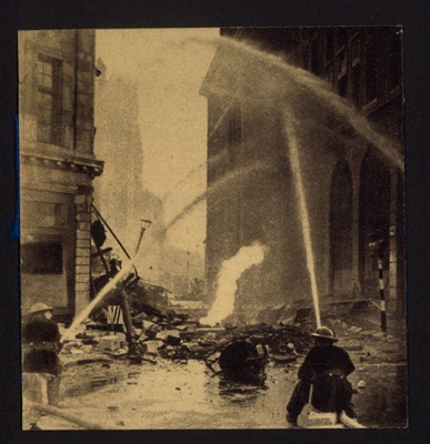 Press photograph - A.F.S. fighting fire caused by gas main explosion; 6717