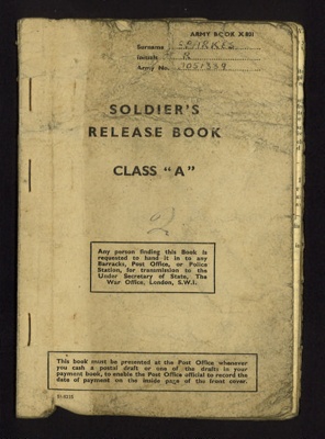Army book x801 - soldier's release book class"A" - Pte R. SParkes2052339 A.C.C. - 29/12/1945; 29/12/1945; 5558