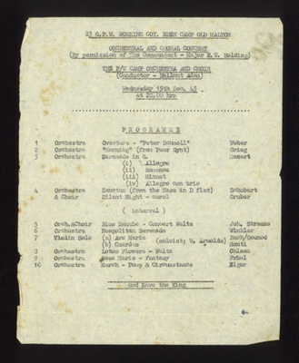 Typed programme - 83 G.P.W. working Coy. Eden Camp, Old Malton. prisoner of war orchestral & choir concert. 19.12.1945. P.O.W.; 19/12/1945; 65237