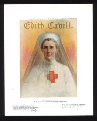 Print portrait of nurse Edith Cavell, also copy photograph of her grave in Norwich cathedral; 44228