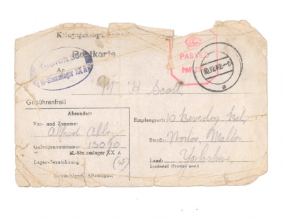 P.O.W. post card - from Alfred Abbey - P.O.W. in Stammlager XXA - to Mrs Scott - Beverley Road - Norton; 37203 P.O.W. post card - from Alfred Abbey - P.O.W. in Stammlager XXA - to Mrs Scott - Beverley Road - Norton; 37203