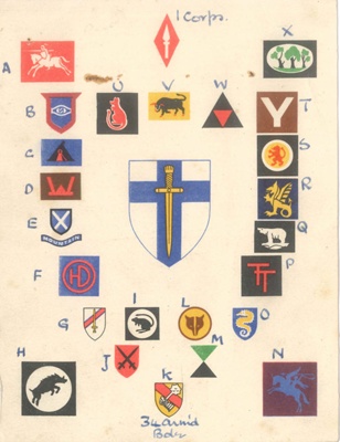 Card showing formation badges of various Corps & Divisions constituting the British Second Army; 37975