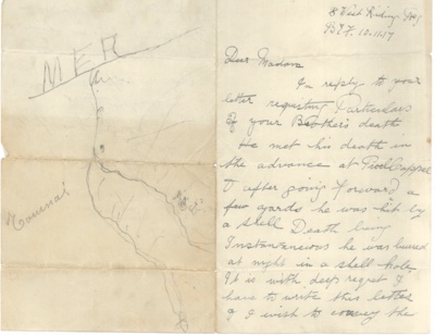 Letter Confirming specifics on the death of Norman Gooden, talking about how his death was instantaneous via an exploding shell  ; 83935
