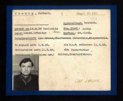 German P.O.W. record card - Herbert Koenig - German - Dob 13/09/1926; 6590