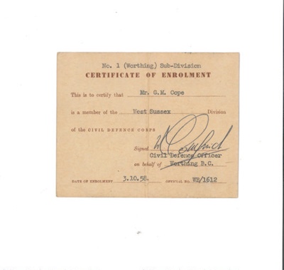 Certificate of enrolment - Civil Defence Corps - Mr. G.M. Cope - West Sussex Division - 03/10/1958; 3/10/1958; 35020 Certificate of enrolment - Civil Defence Corps - Mr. G.M. Cope - West Sussex Division - 03/10/1958; 3/10/1958; 35020