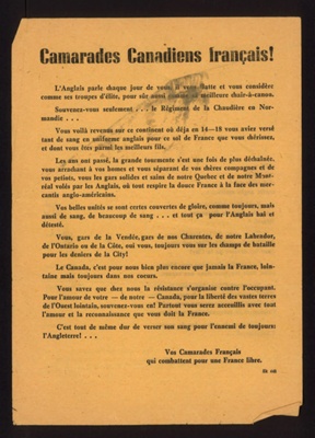 German propaganda leaflet in French - "Camarades Canadiens Francais !"; 5101 German propaganda leaflet in French - "Camarades Canadiens Francais !"; 5101