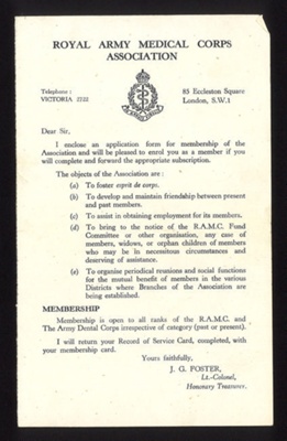 Letter- from the 'Royal Army Medical Corps Association' regarding an application form for membership- undated ; 78814 Letter- from the 'Royal Army Medical Corps Association' regarding an application form for membership- undated ; 78814