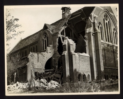 Official copyrighted war photograph- 7th September 1940- damaged church hit by bomb during air raid; 56488