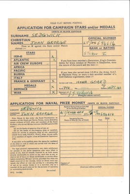 Application for Campaign Stars and/or medals - J.G. Sedgwick - Stoker - Royal Navy; 35614 Application for Campaign Stars and/or medals - J.G. Sedgwick - Stoker - Royal Navy; 35614