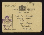 Army form a2042 - Field Service Post Card - addressed to Miss M. Wintersgill - passed by censor; 9591