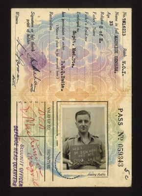 Indian army pass (brown) - W.O.1 Maurice Denham - for D.H.Q. India - 26/06/1945; 26/06/1945; 6088