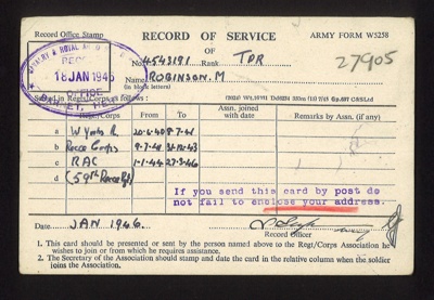 Army form w5258 - "Record of Service" - Tpr M. Robinson 4543191 - 18/01/1946; 18/01/1946; 9578 Army form w5258 - "Record of Service" - Tpr M. Robinson 4543191 - 18/01/1946; 18/01/1946; 9578