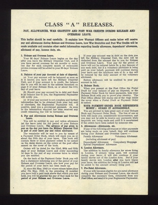 Leaflet- 'Class "A" releases'- info on release and overseas leave, release books & allowances etc ; 78811