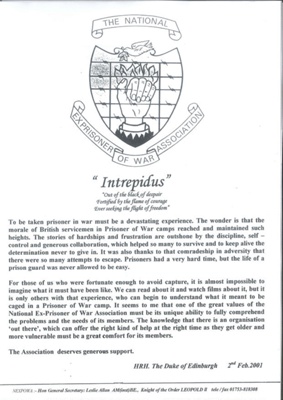 Correspondence from National ex P.O.W.'s Association - appealing for donations (copy in hut 22); 34918 Correspondence from National ex P.O.W.'s Association - appealing for donations (copy in hut 22); 34918