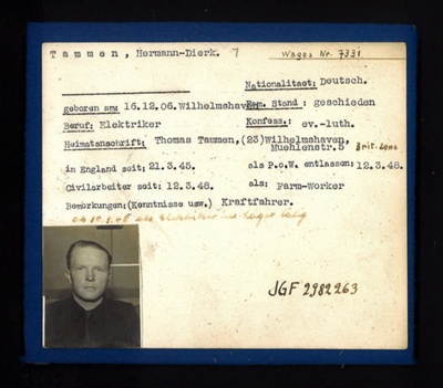 German P.O.W. record card - Hermann-dierk Tammen - German - Dob 16/12/1906; 6596 German P.O.W. record card - Hermann-dierk Tammen - German - Dob 16/12/1906; 6596