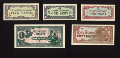 Bank notes (5) - Japanese occupation forces - 1 rupee (1) 50 cents (1) 5 cents (1) 1 cent (2); 2492