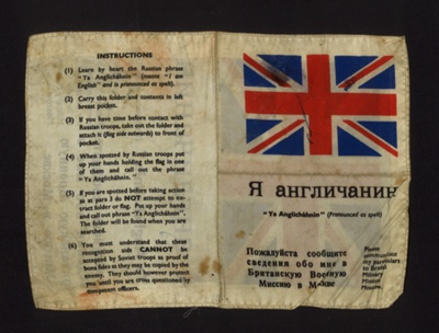 Identification flag with instructions in English & Russian - for use by British troops when encountering Russian troops - post 1945; 6119