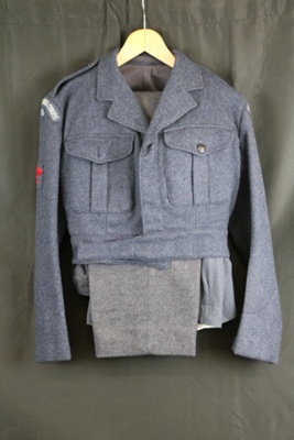 Royal Observer Corps uniform - skirts (2), trousers (2), shirt (1), blouse (1), black tie (1), black beret (1) and belt (1); 42235