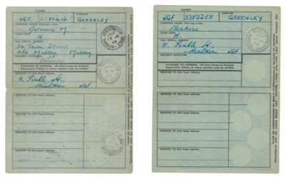 National Registration Identity Cards (2) (green) - Norman Greenley & Beatrice Greenley - 02/05/1949; 2/05/1949; 37451