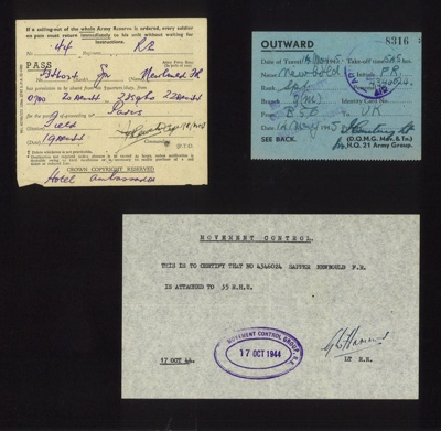 Movement passes (3) - Spr F.R. Newbould 4346024 R.E. - 21st Army Group - 17th October 1944 to 14th May 1945; 17/10/1944; 5249