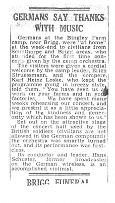 Photocopy of press cutting - "Germans say thanks with music" - POW camp 81 - Pingley farm - Brigg ; 33618