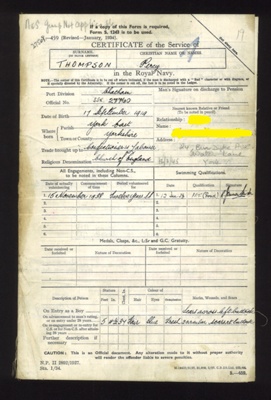 Certificate of service in the Royal Navy - Percy Thompson; 9128