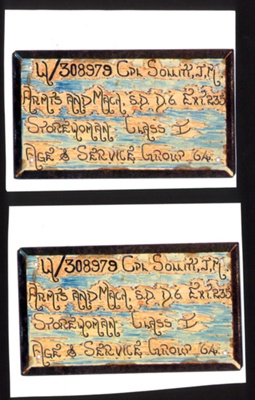 Home made door sign (metal) - "W/308979 Cpl Sollitt J.M." A.T.S. Storewoman Class 1; 5448