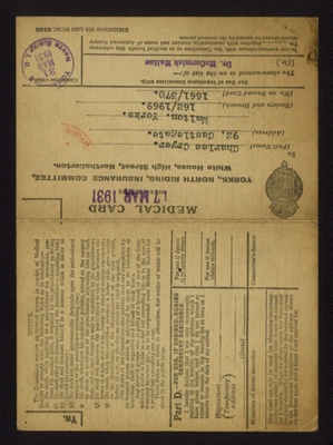 Medical card- Yorks, North Riding insurance committee- Northallerton belonging to a 'Charles Cryer' dated 31.03.1931; 78854