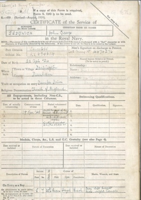 Royal Navy form s459 - "Certificate of Service in the Royal Navy" - J.G. Sedgwick - 18/11/1943 to 17/05/1946; 18/11/1943; 35613 Royal Navy form s459 - "Certificate of Service in the Royal Navy" - J.G. Sedgwick - 18/11/1943 to 17/05/1946; 18/11/1943; 35613
