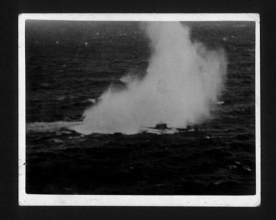 Photograph - unidentified U-boat being depth charged by aircraft - aircraft thought to be from "H.M.S. Trumpeter"; 2657