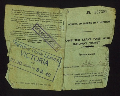 Army form A.F.W. 3145 - "Combined leave pass and railway ticket" - issued to Driver W. Tulip 55431 R.A.S.C. - 27/02/1940; 27/02/1940; 9101