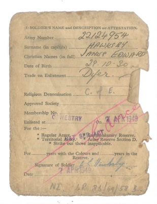 Page from Soldier's Service Book - James Edward Hawksby - 1949; 83510