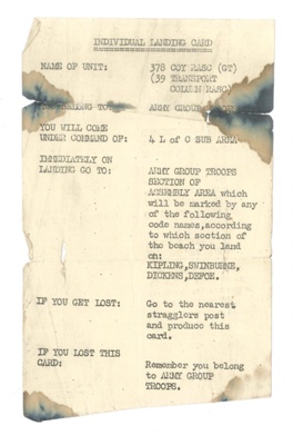 D-day individual landing card - 378 Coy R.A.S.C. - issued to Dvr Ron Marshall R.A.S.C.; 37434