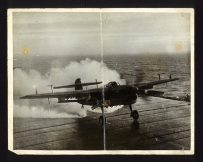 Photograph - rocket assisted take off by Barracuda aircraft from escort Carrier "H.M.S. Trumpeter"; 2658