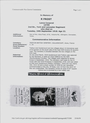 Information - Commonwealth war graves commission - Reuben Frost - killed WW1; 33071