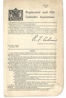 Army information leaflet - "Regimental and Old Comrades Associations" - War Office - February 1946; 1/02/1946; 36666