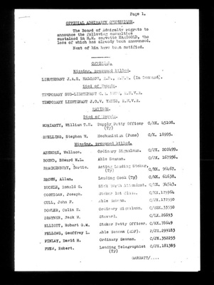 List of crew members lost due to sinking of "H.M.S. Marigold" on 09/12/1942 by Italian torpedo bombers; 9/12/1942; 35953