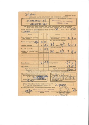 Army form o1744 - release leave - Sgt H.J. Whitehouse 22207873 - 20/01/1953; 20/01/1953; 32656 Army form o1744 - release leave - Sgt H.J. Whitehouse 22207873 - 20/01/1953; 20/01/1953; 32656
