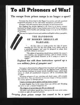 German leaflet (in English) - "To All Prisoners of War - the Escape from Prison Camps is No Longer a Sport" (photocopy); 1784 German leaflet (in English) - "To All Prisoners of War - the Escape from Prison Camps is No Longer a Sport" (photocopy); 1784