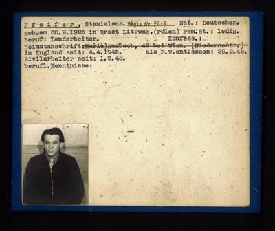 German P.O.W. record card - Stanislaus Pfeifer - German - Dob 30/09/1925; 6620
